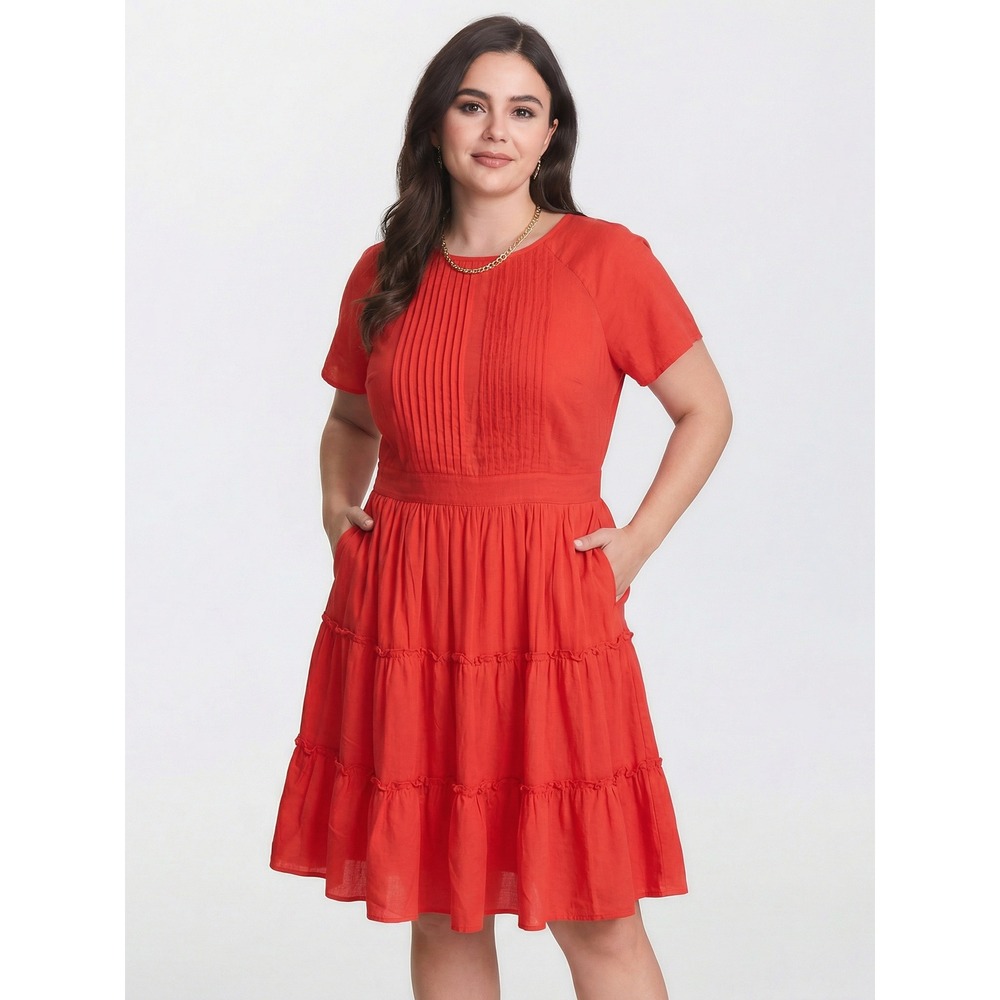 eShakti‎ Pin-Tucked Tiered Midi Dress 14W Short Sleeve Pockets Orange Red
